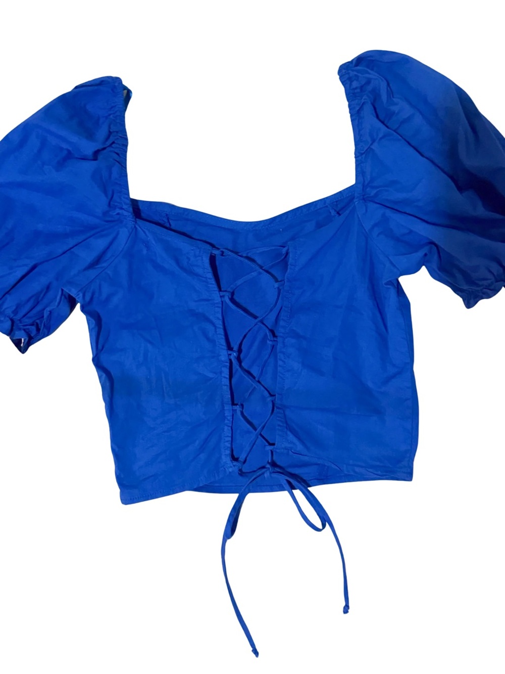 Love Notes Royal Blue Lace-Up Puff Sleeve Crop Top